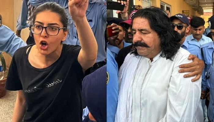 Human rights lawyer Imaan Mazari(right) and PTM leader Ali Wazir (left) photographed after their arrests on August 20, 2023. — AFP