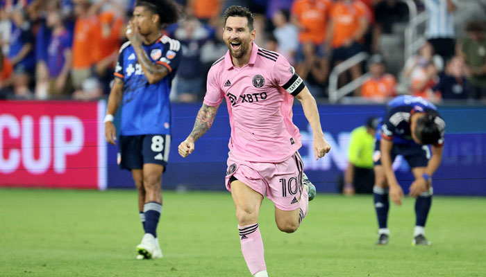 CINCINNATI, OHIO - AUGUST 23: Lionel Messi #10 of Inter Miami CF celebrates after teammate Leonardo Campana #9 scored his second goal against FC Cincinnati during the second half in the 2023 U.S. Open Cup semifinal match at TQL Stadium on August 23, 2023 in Cincinnati, Ohio.