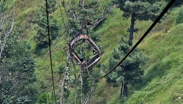 This photograph shows a view of the chairlift cable in the Pashto village of Khyber Pakhtunkhwa on August 23, 2023, a day after it broke sending passengers plunging into a ravine. —AFP