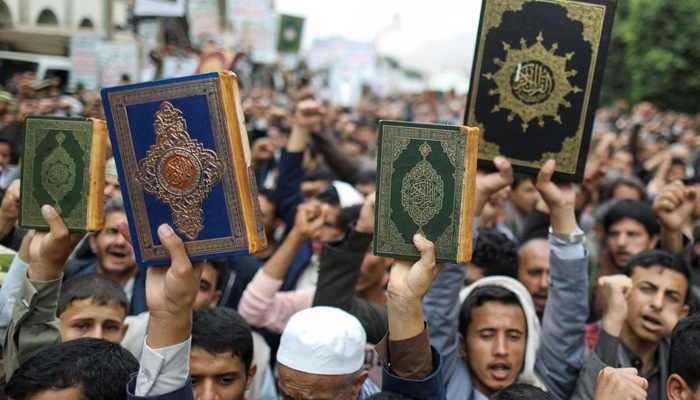 People demonstrate against the desecration of the Koran in Denmark, in Sanaa, Yemen July 24, 2023. — Reuters