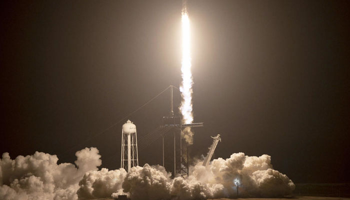 The image shows the launch of Elon Musks SpaceX Dragon spacecraft. — NASA