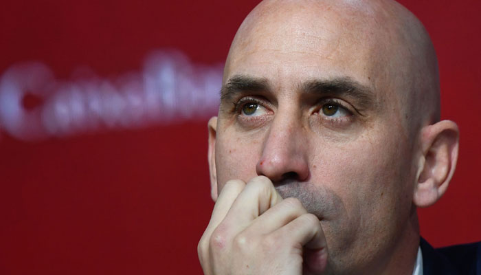 (FILES) Spanish Royal Football Federation (RFEF) president Luis Rubiales attends a press conference on November 27, 2019 in Madrid during the official presentation of Spain´s coach. Spain midfielder Jenni Hermoso defended Spanish football federation president Luis Rubiales after he came under fire for kissing her on the lips following the team´s Women´s World Cup victory on August 20, 2023.—AFP