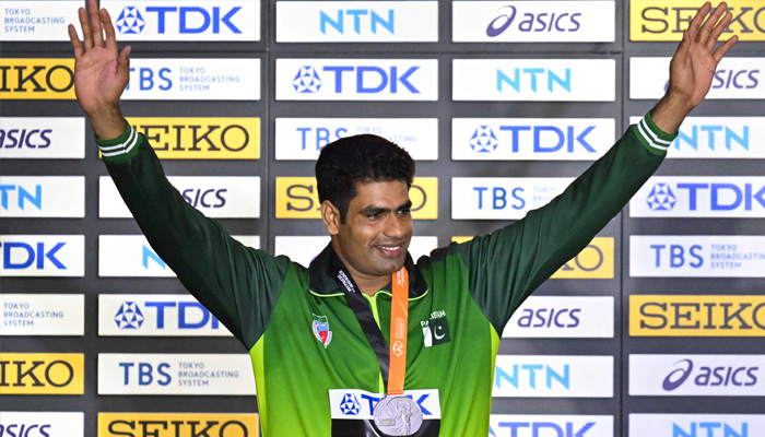 Silver medalist, Pakistans Arshad Nadeem celebrates during the podium ceremony for the mens javelinthrow during the World Athletics Championships in Budapest on August 27, 2023. —AFP