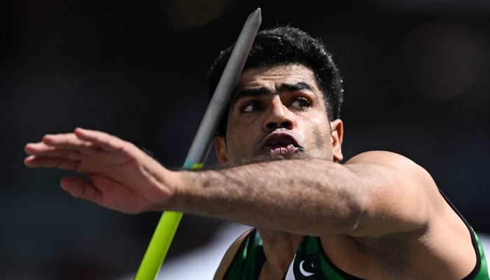 Pakistans Arshad Nadeem competes in the mens javelin throw qualification for group B during the World Athletics Championships at the National Athletics Centre in Budapest on August 25, 2023. — AFP
