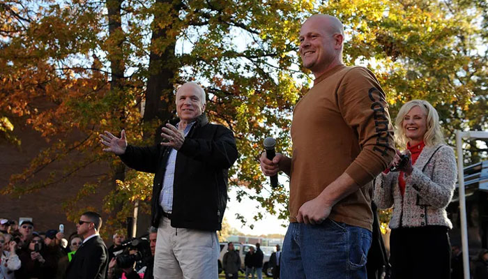 Sen. John McCain and Joe the Plumber are shown at a campaign stop in Elyria, Ohio, on Oct. 30, 2008. AFP/File