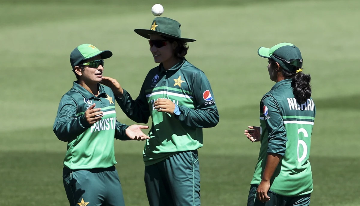 Nida Dar, Diana Baig and Nashra Sandhu celebrate a dismissal during a Pakistan vs Bangladesh match in the Womens World Cup 2022 in Hamilton, New Zealand. — ICC