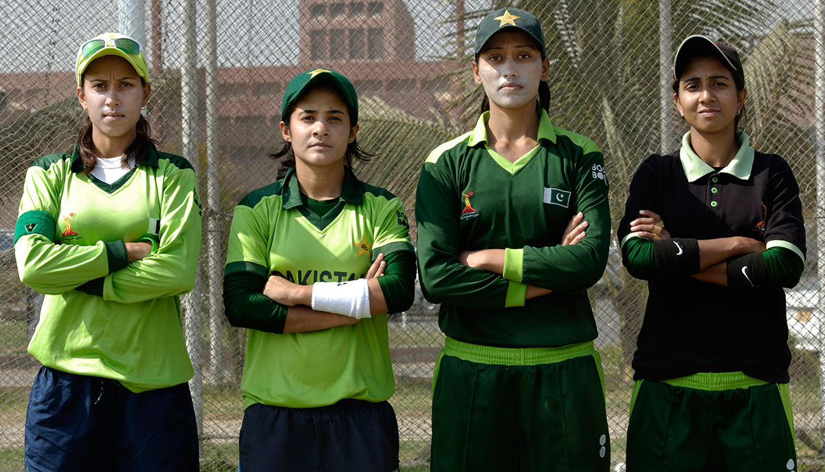 Left to Right: Pakistan cricketers Nain Abidi, Javeria Khan, Batool Fatima and Masooma Junaid pose for a photograph during a practice session. — Photo by author