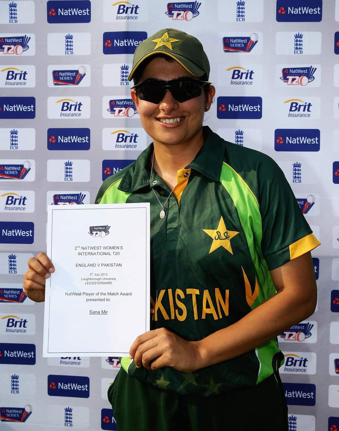 Former Pakistan captain Sana Mir poses after receiving a Player of the Match Award during the 2nd Natwest Womens International T20 in July 2013. — Twitter/@mir_sana05