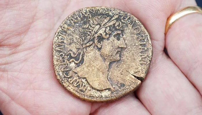 A Roman Sestertius brass coin from around AD 30 with an image of Emperor Hadrian can be seen in this picture. — Reuters/File