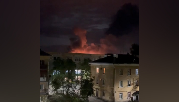 This screengrab taken from a video on Telegram shows a thick smoke with a fire lit inside it after the Russian northwestern city Peskov was attacked by drones on August 30, 2023. — Telegram/@rian_ru