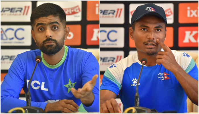 Captains of Pakistan and Nepal cricket team Babar Azam and Rohit Kumar Paudel speak during a press conference on the eve of their Asia Cup cricket match at the Multan Cricket Stadium in Multan on August 29, 2023. —AFP