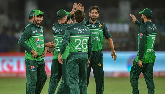 Pakistan´s Haris Rauf (2R) celebrates with teammates after taking the wicket of Nepal´s Aarif Sheikh (not pictured) during the Asia Cup 2023 cricket match between Pakistan and Nepal at the Multan Cricket Stadium in Multan on August 30, 2023. — AFP