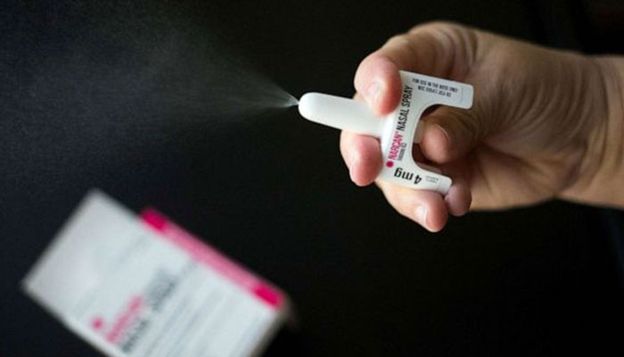 A nurse demonstrates the application of the Narcan nasal spray medication at an outpatient treatment centre in Indiana, PA, on August 9, 2017. — Reuters