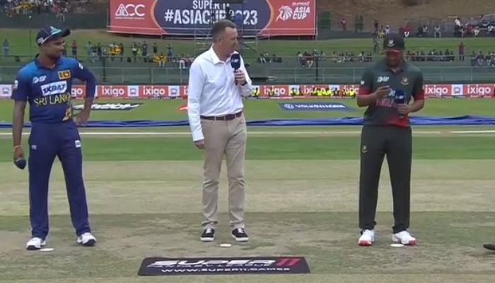 Bangladesh skipper (right) tosses coin ahead of match on August 31, 2023. — X/@BCBtigers