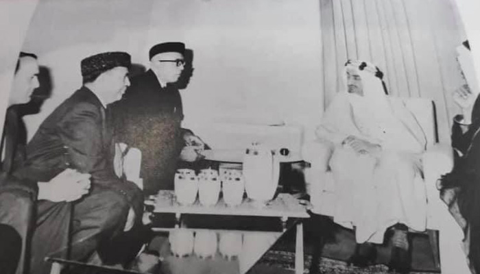 A historic image depicting the meeting of Kashmiri leaders Sheikh Abdullah and Mirza Afzal Baig with King Faisal of Saudi Arabia. — Photo supplied by author
