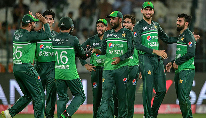 Pakistans players celebrate after the dismissal of Nepal´s Gulsan Jha (not pictured) during the Asia Cup 2023 cricket match between Pakistan and Nepal at the Multan Cricket Stadium in Multan on August 30, 2023. — AFP