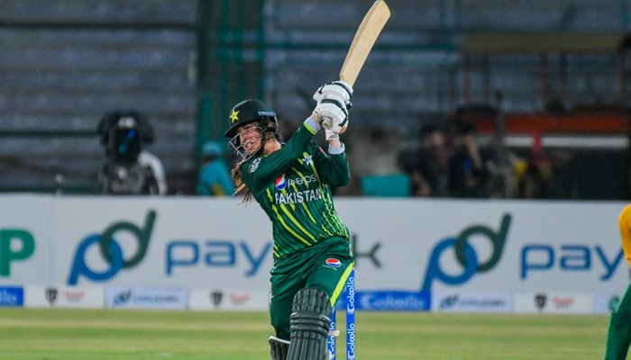 Aliya Riaz plays a shot during match against South Africa at National Stadium, Karachi, September 1, 2023.