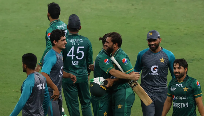 Pakistan players celebrate after winning the thrilling match in Dubai on September 2023. — AFP