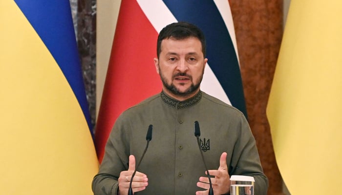 Ukraine´s President Volodymyr Zelensky gives a press conference following his meeting with his Norwegian counterpart in Kyiv, on August 24, 2023. — AFP