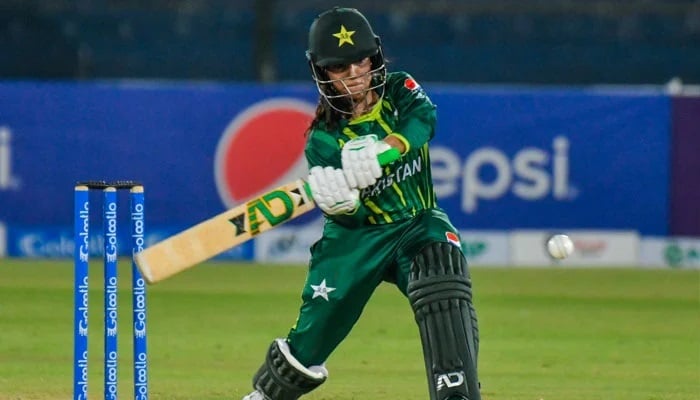 Sidra Ameen plays a shot during a match against South African Women being played at the National Stadium, Karachi on September 3 . — PCB