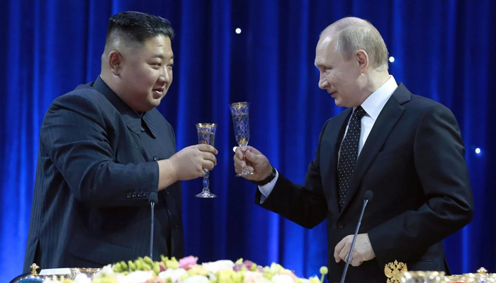 North Korean leader Kim Jong Un (left) and Russian President Vladimir Putin attend an official reception following their talks in Vladivostok, Russia in April 2019. — Reuters