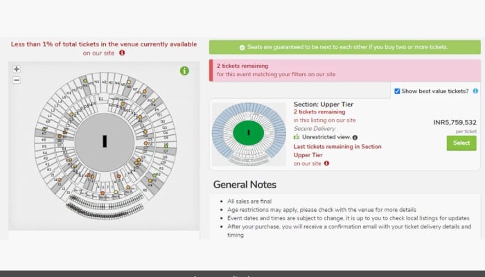 Screengrab from viagogo. — NDTV/File