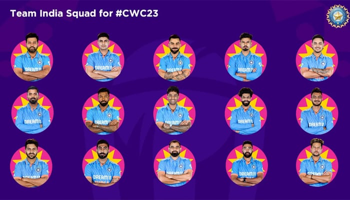 The 15-player squad Indian Squad for the International Cricket Council (ICC) Mens ODI World Cup 2023 tournament. — BCCI webiste