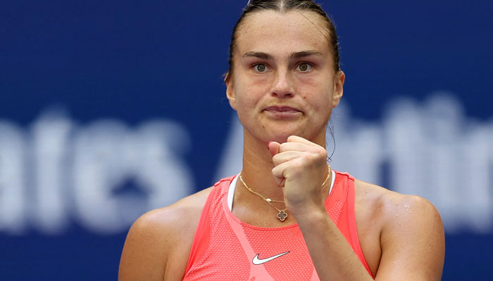 Aryna Sabalenka of Belarus celebrates a point against Qinwen Zheng of China during their Women´s Singles Quarterfinal match on Day Ten of the 2023 US Open at the USTA Billie Jean King National Tennis Center on September 06, 2023 in the Flushing neighborhood of the Queens borough of New York City. AFP