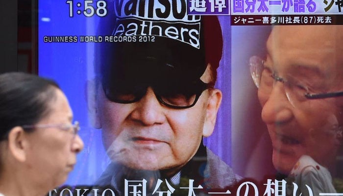 A poster of late Johnny Kitagawa, who sexually abused hundreds of boys. — Reuters