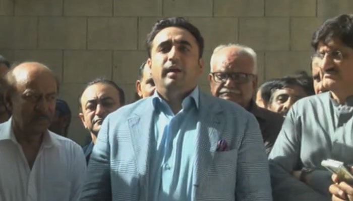 Pakistan Peoples Party (PPP) Chairman Bilawal Bhutto-Zardari interacts with journalists in Karachi in this still taken from a video on September 8, 2023. — X/@MediaCellPPP