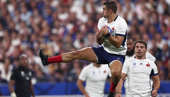 Frances full-back Thomas Ramos catches the ball during the France 2023 Rugby World Cup Pool A match between France and New Zealand at Stade de France in Paris on September 8, 2023. — AFP