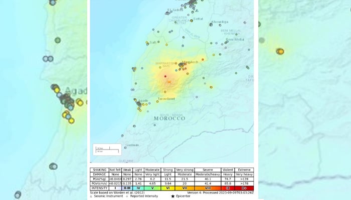 A map showing the intensity of the earthquake in Morocco. — USGS