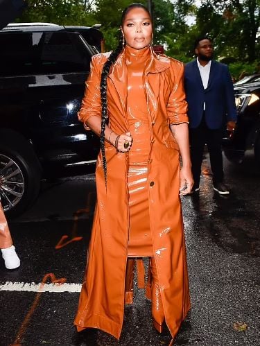 Janet Jackson oozes charm in chic brown leather dress at Christian Siriano NYC show