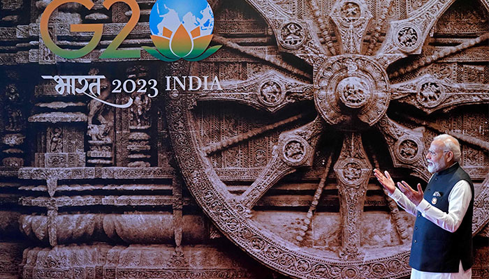 Indias Prime Minister Narendra Modi gestures upon the arrival of US President Joe Biden (not pictured) ahead of the G20 Leaders´ Summit at the Bharat Mandapam in New Delhi on September 9, 2023. — AFP