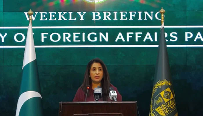 Ministry of Foreign Affairs spokesperson Zahra Baloch during a weekly press briefing in Islamabad on February 9, 2023, in this still taken from a video. — Facebook/MoFA