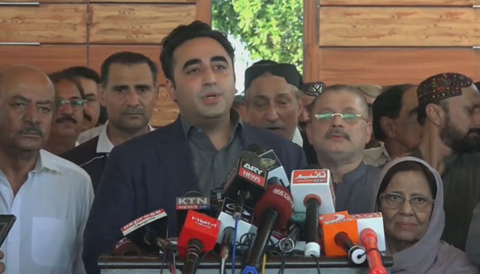 Pakistan Peoples Party (PPP) Chairman Bilawal Bhutto-Zardari addressing a press conference in Badin. — Screengrab/X/PPP