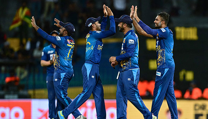 Sri Lanka´s players celebrate after the dismissal of Bangladesh´s Mehidy Hasan Miraz (not pictured) during the Asia Cup 2023 super four one-day international (ODI) cricket match between Sri Lanka and Bangladesh at the R. Premadasa Stadium in Colombo on September 9, 2023. — AFP