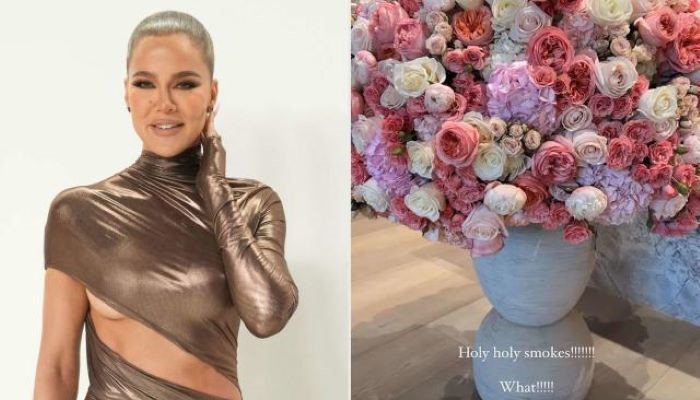 Khloé Kardashian celebrates new Fabletics collection with gigantic floral arrangement