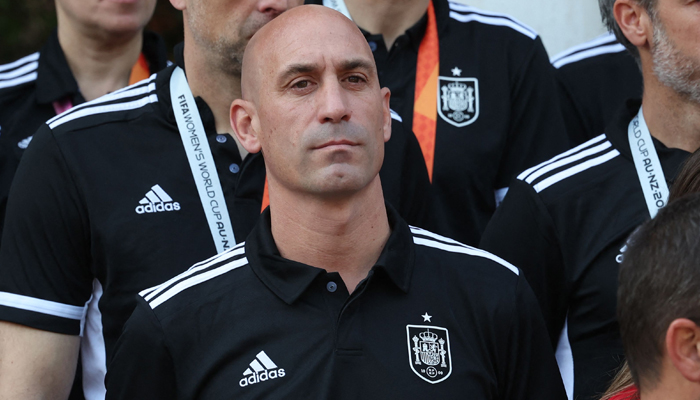 Spanish Royal Football Federation (RFEF) president Luis Rubiales look on as Spains acting Prime Minister receives Spain womens national football teams players after their 2023 World Cup victory at La Moncloa Palace in Madrid on August 22, 2023. — AFP