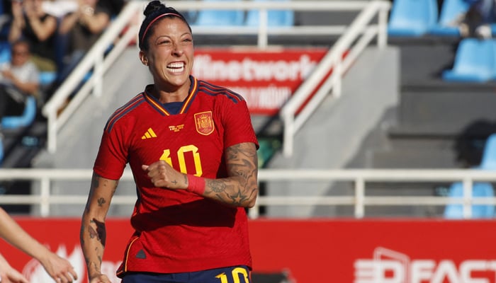Spains forward Jenni Hermoso celebrates scoring a goal during the womens international friendly football match between Spain and Norway at the Can Misses stadium in Ibiza on April 6, 2023. — AFP