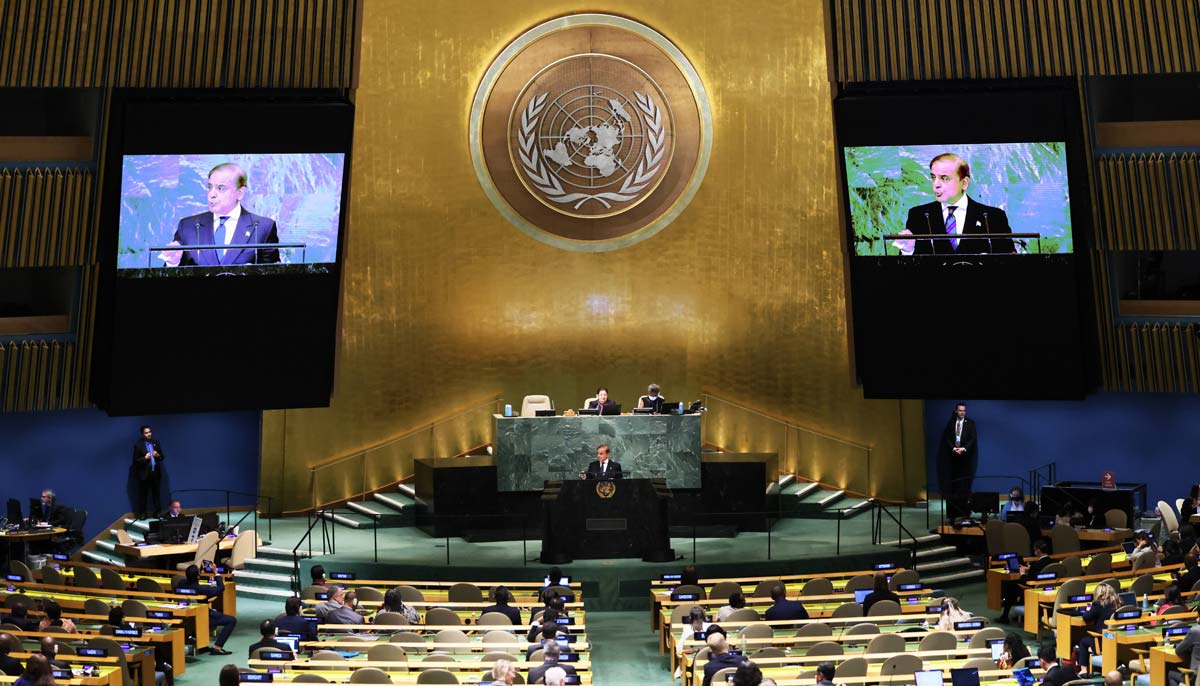 Former prime minister of Pakistan Shehbaz Sharif speaks at the 77th session of the United Nations General Assembly (UNGA) at U.N. headquarters on September 23, 2022 in New York City. — AFP