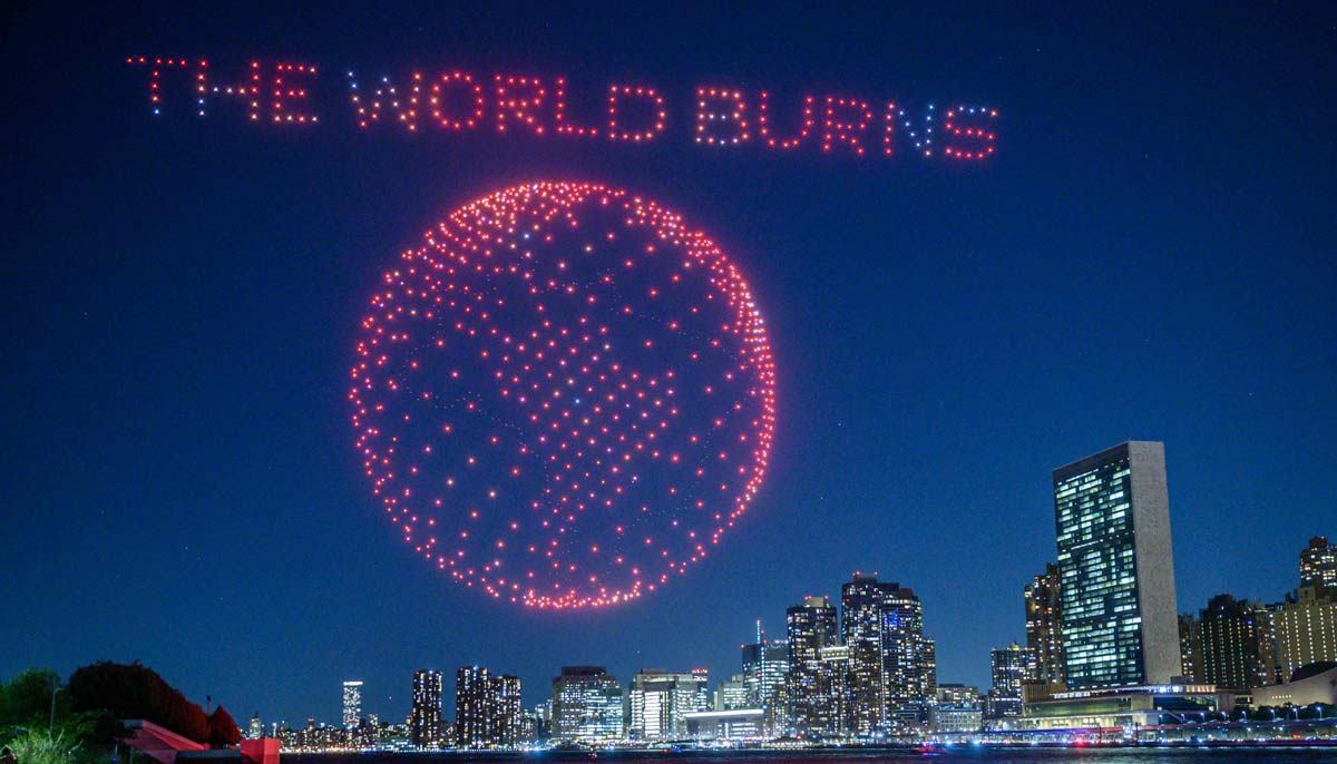 A light display created using drones is performed before the city skyline and United Nations headquarters as part of a campaign to raise awareness about the Amazon rainforest and the global climate crisis ahead of the 78th United Nations General Assembly and Climate Ambition Summit, in New York City on September 15, 2023. — AFP