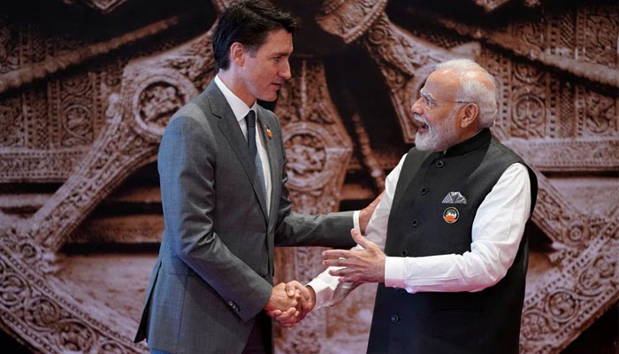[1/2] Indian Prime Minister Narendra Modi welcomes Canada Prime Minister Justin Trudeau upon his arrival at Bharat Mandapam convention centre for the G20 Summit, in New Delhi, India, Saturday, Sept. 9, 2023.—Reuters