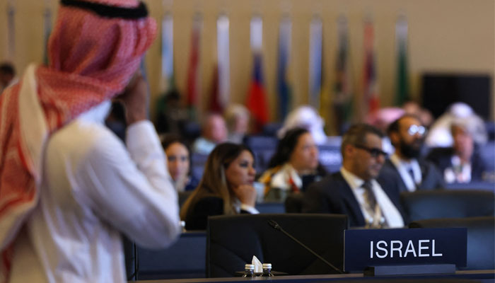 A plaque used to reserve the seat of the delegation from Israel seen during the UNESCO Extended 45th session of the World Heritage Committee at the al-Murabba Palace in Riyadh on September 11, 2023. — AFP
