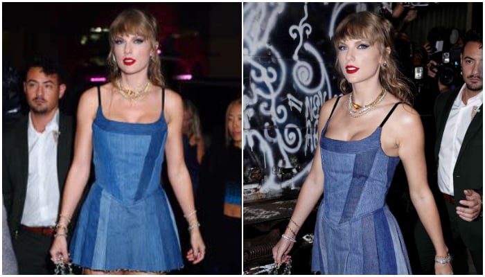 Taylor Swift rocks denim mini dress for historic VMAs afterparty