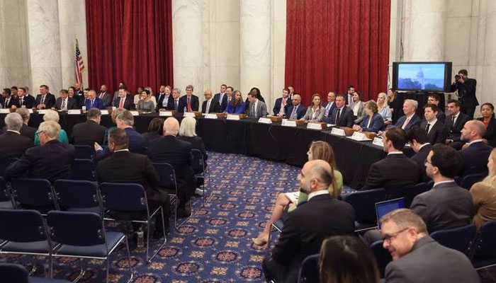 Top US technology leaders including take their seats for the start of a bipartisan Artificial Intelligence Insight Forum. Reuters