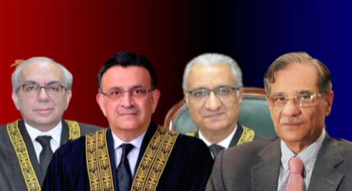 Justice Munib Akhtar (left), CJP Bandial, Justice Ijazul Ahsan and ex-CJP Saqib Nisar. — Illustration/Geo News