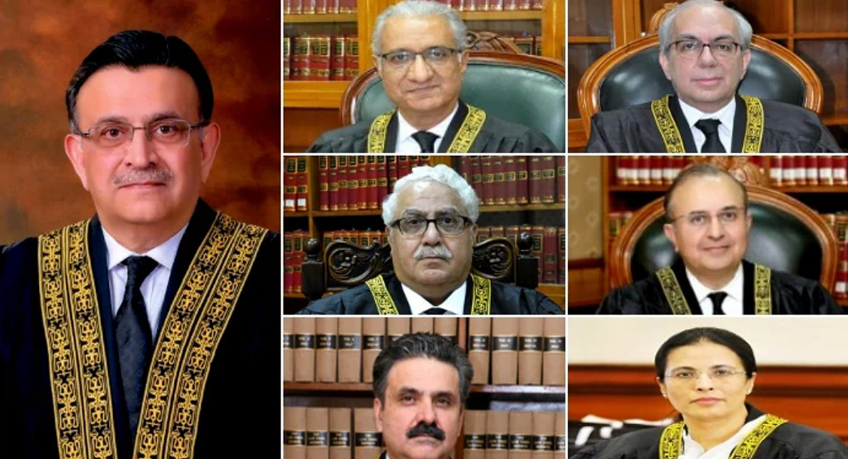 Full court bench constituted by CJP Bandial comprised Justice Ijazul Ahsan, Justice Mansoor Ali Shah, Justice Muneeb Akhtar, Justice Yahya Afridi, Justice Ayesha Malik and Justice Mazahir Ali Naqvi. — Geo.tv