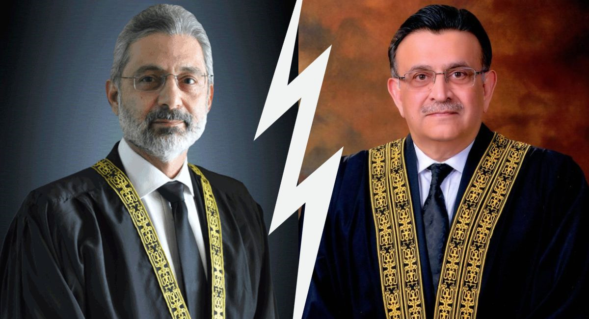 Senior puisne judge Qazi Faez Isa (left) and CJP Umar Ata Bandial. — Illustration/Geo.tv