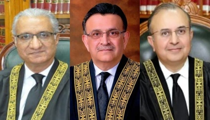 (Left to right): Justice Ijazul Ahsan, CJP Umar Ata Bandial and Justice Mansoor Ali Shah. — SC website